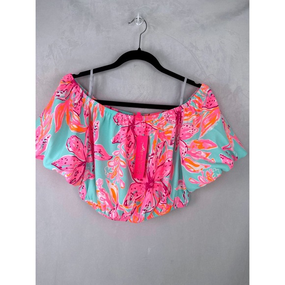 Lilly Pulitzer Tops - Lilly Pulitzer Esmeray Crop Top Bonita Blooms Pink Blue Off Shoulder NWT L